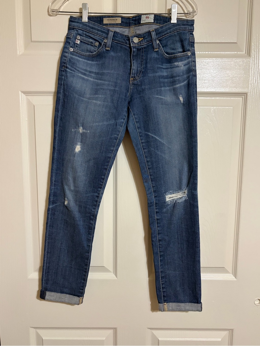 AG Adriano Goldschmied Distressed Medium Blue Boyfriend Jeans